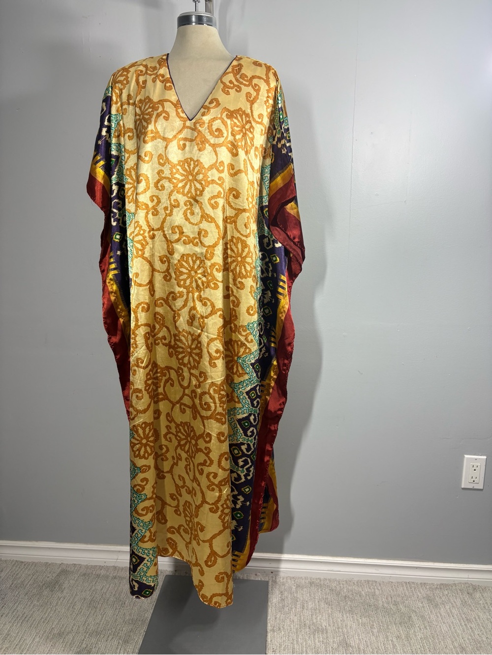 Golden Floral Maxi Caftan Dress with Multicolor Side Trim One Size